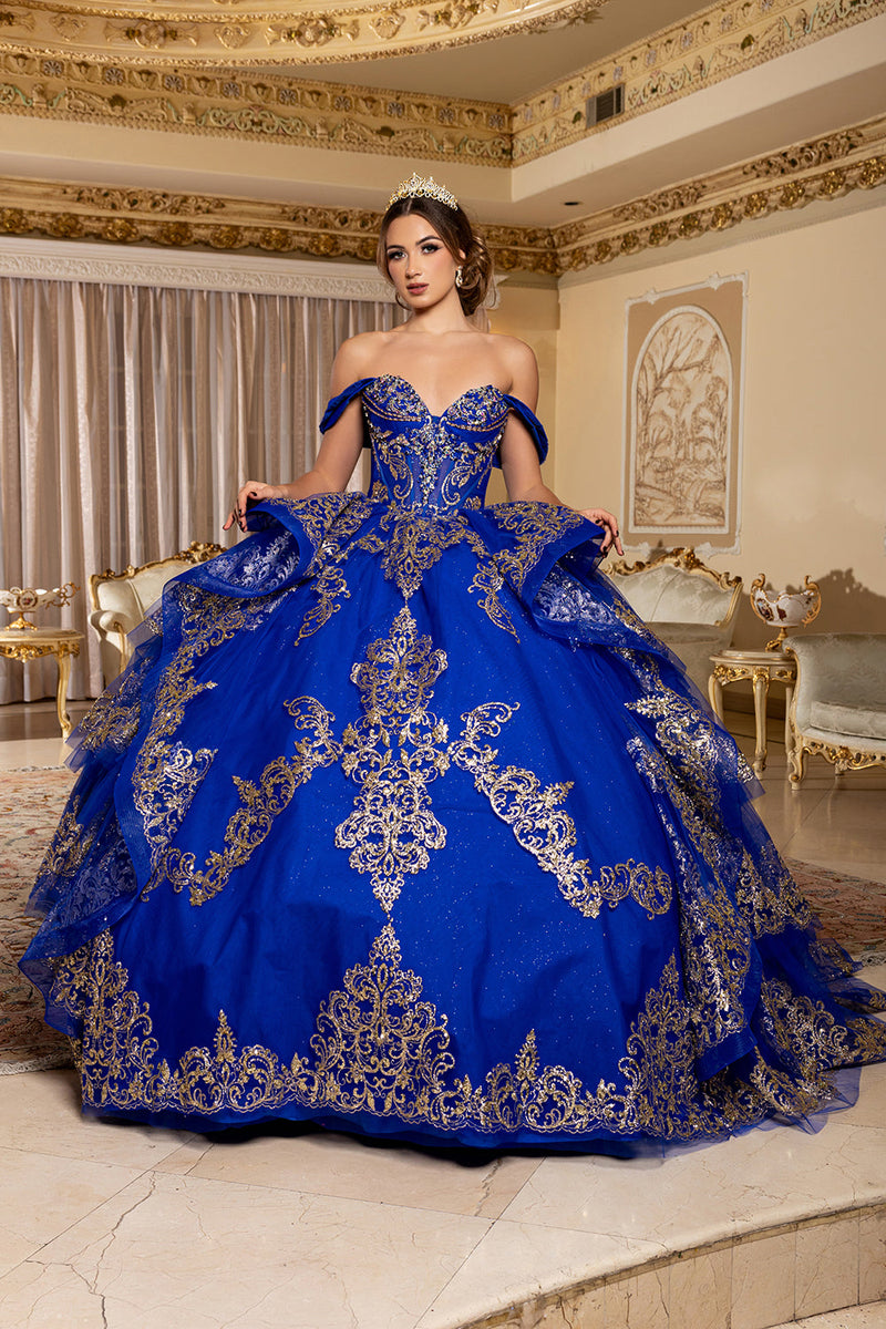 Off-Shoulder Sweetheart Corset Embroidered Tiered Ruffle Ballgown with Back Bow by Layla K LK302