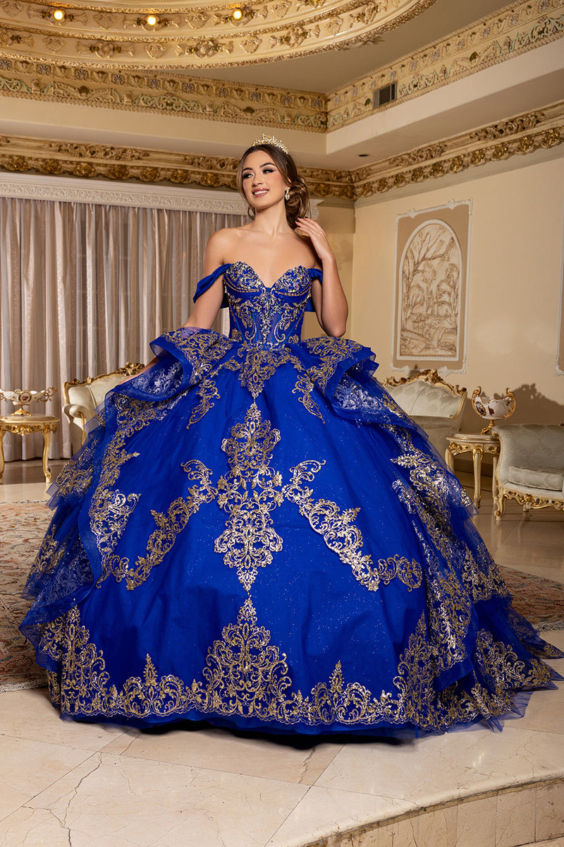 Off-Shoulder Sweetheart Corset Embroidered Tiered Ruffle Ballgown with Back Bow by Layla K LK302