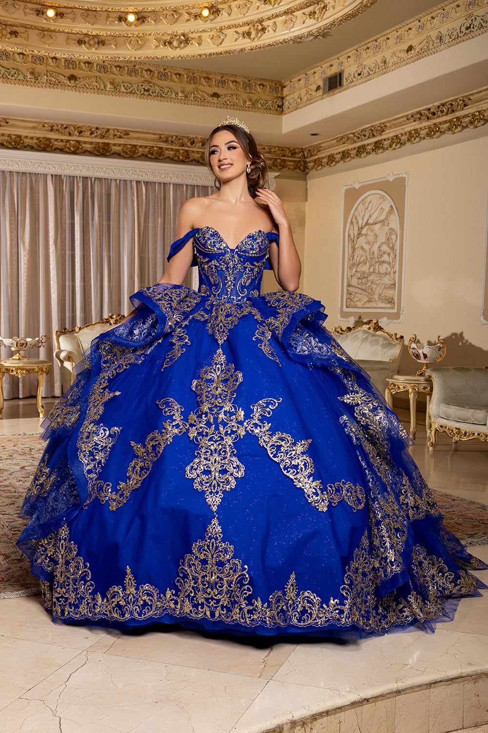 Off-Shoulder Sweetheart Corset Embroidered Tiered Ruffle Ballgown with Back Bow by Layla K LK302