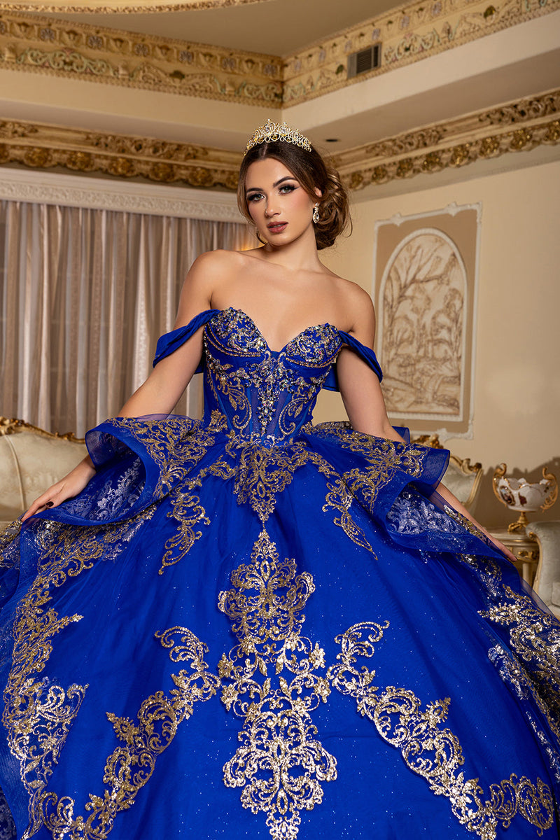 Off-Shoulder Sweetheart Corset Embroidered Tiered Ruffle Ballgown with Back Bow by Layla K LK302