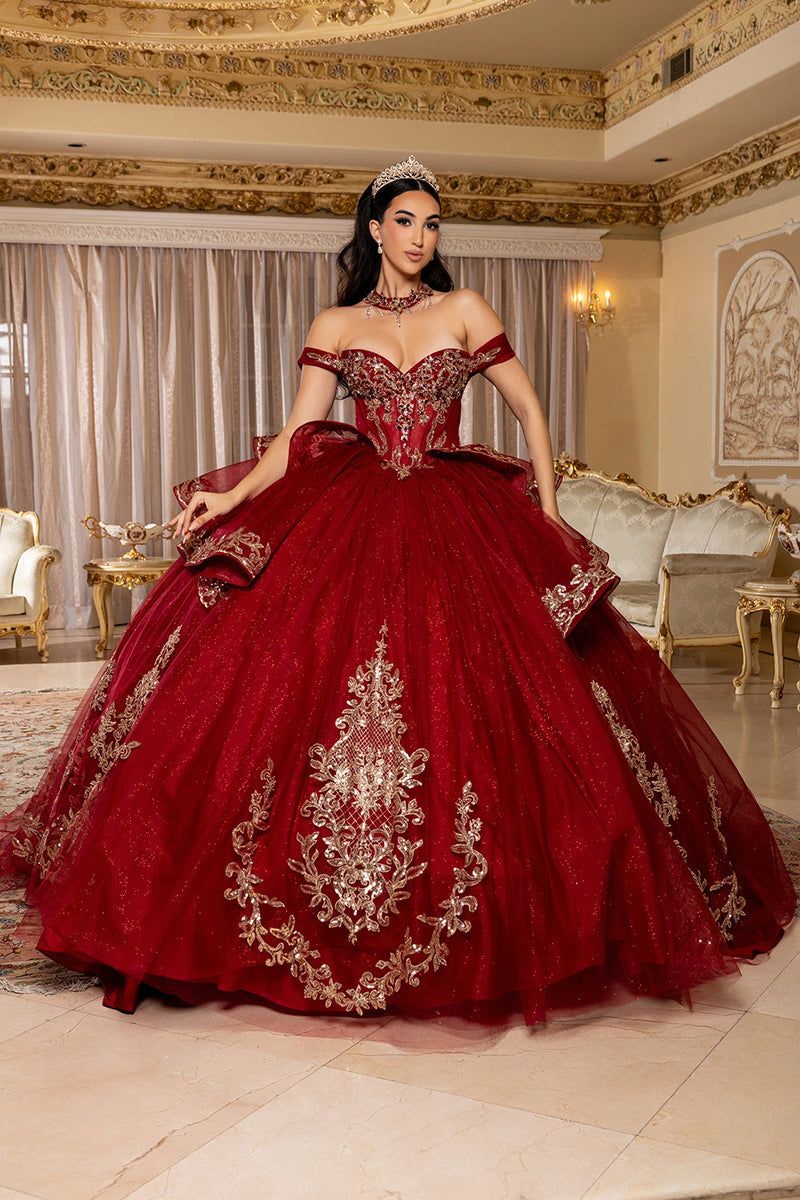 Off-Shoulder Embroidered Illusion Corset Glitter Tulle Quinceañera Gown by Layla K LK303