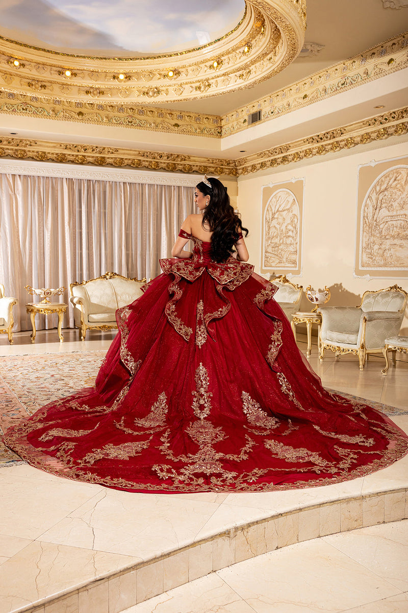 Off-Shoulder Embroidered Illusion Corset Glitter Tulle Quinceañera Gown by Layla K LK303