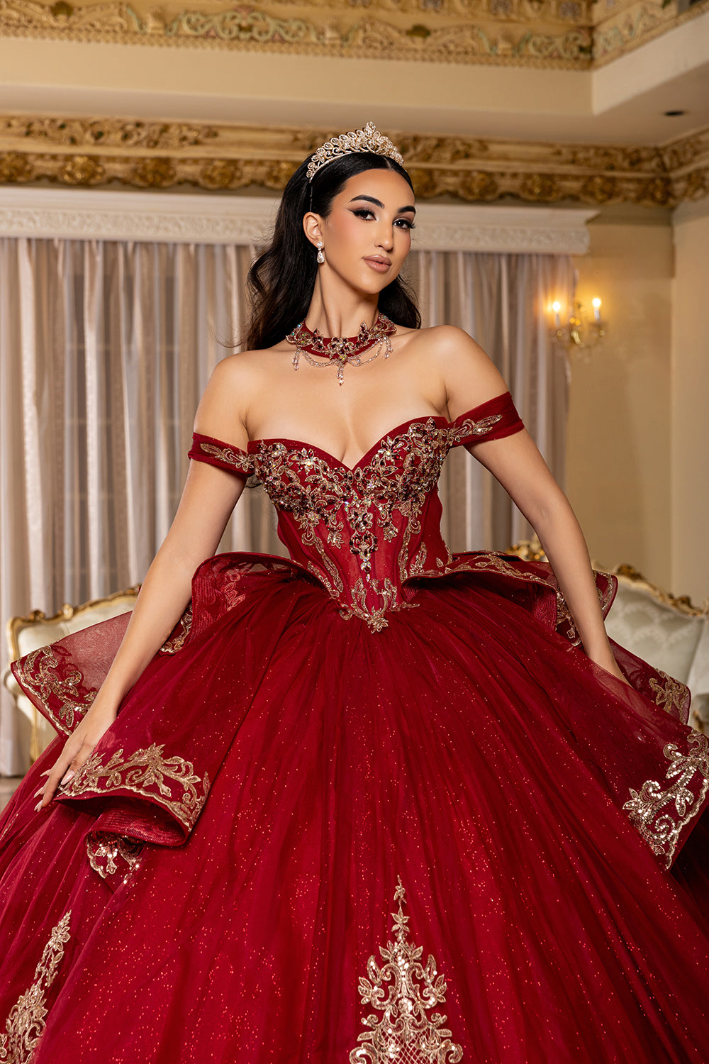 Off-Shoulder Embroidered Illusion Corset Glitter Tulle Quinceañera Gown by Layla K LK303