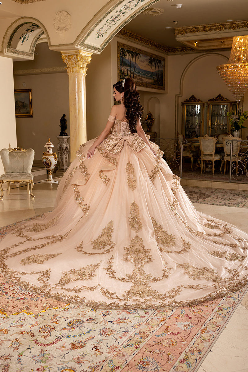 Off-Shoulder Embroidered Illusion Corset Glitter Tulle Quinceañera Gown by Layla K LK303