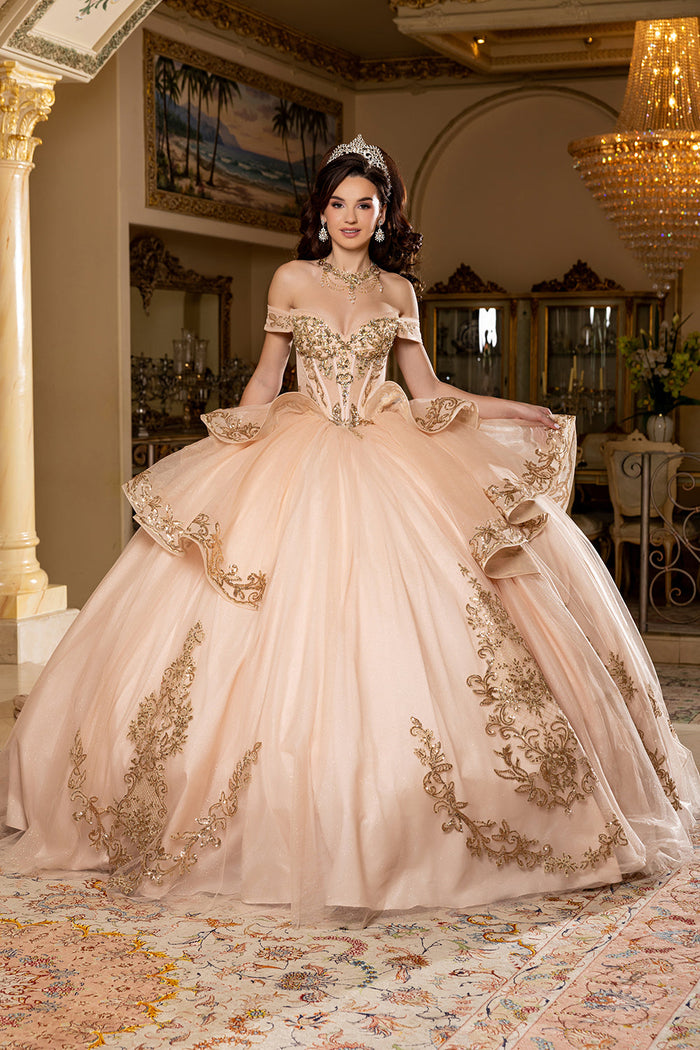 Off-Shoulder Embroidered Illusion Corset Glitter Tulle Quinceañera Gown by Layla K LK303