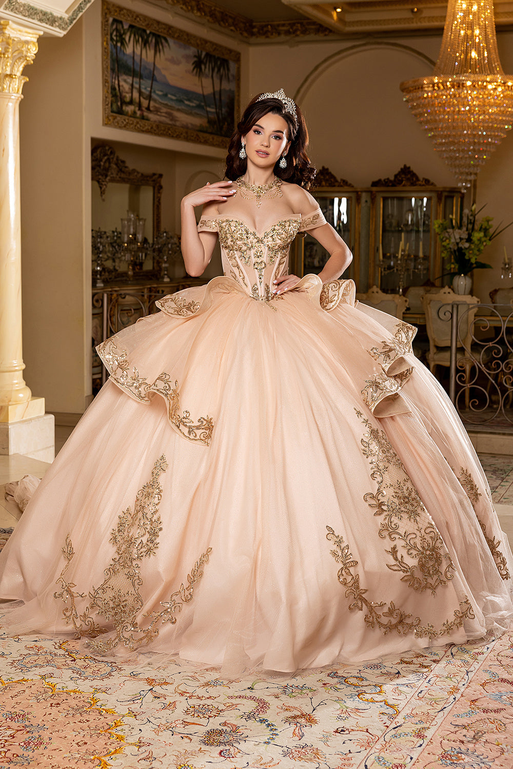 Off-Shoulder Embroidered Illusion Corset Glitter Tulle Quinceañera Gown by Layla K LK303