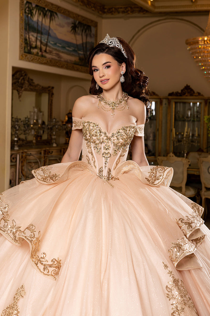 Off-Shoulder Embroidered Illusion Corset Glitter Tulle Quinceañera Gown by Layla K LK303