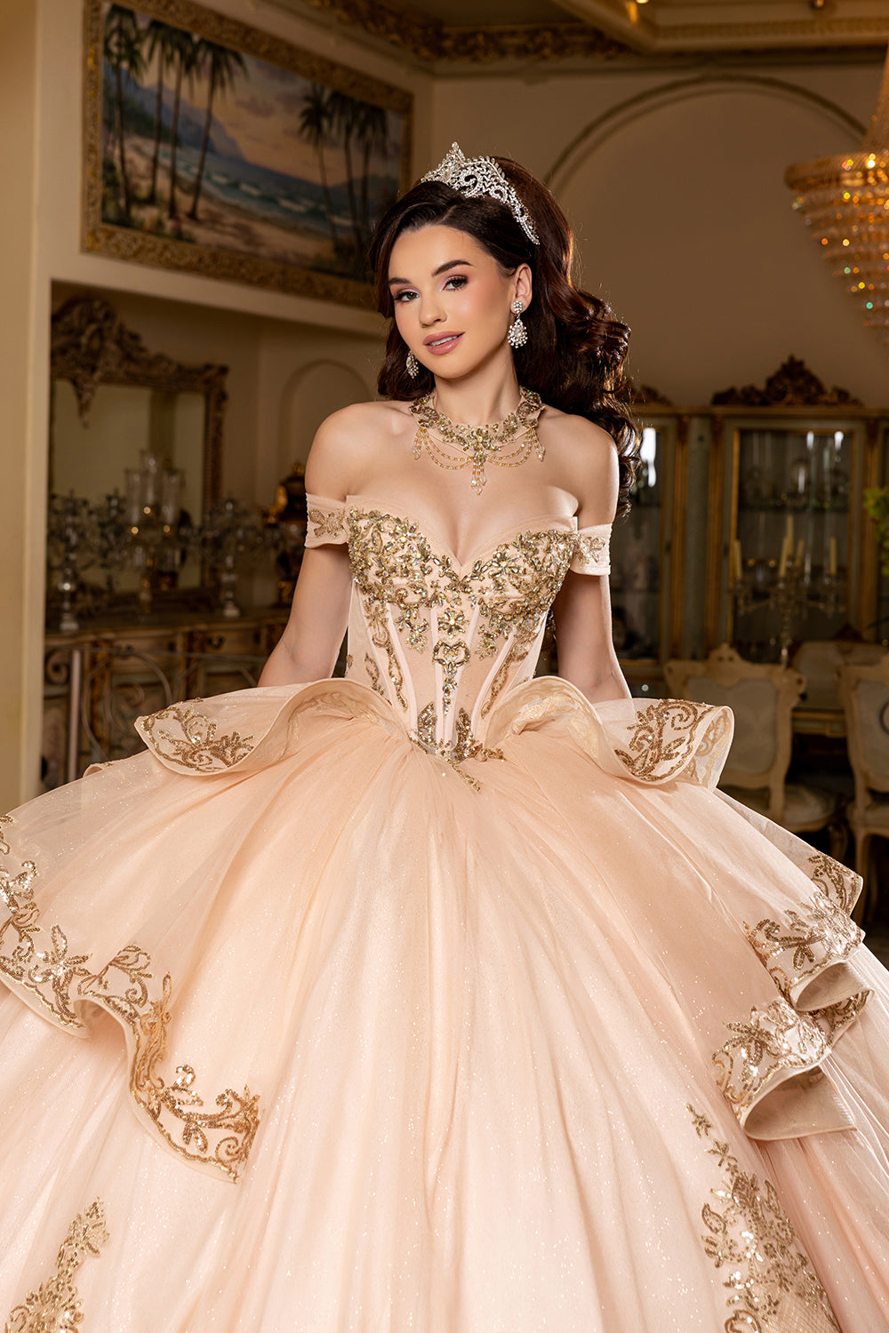 Off-Shoulder Embroidered Illusion Corset Glitter Tulle Quinceañera Gown by Layla K LK303