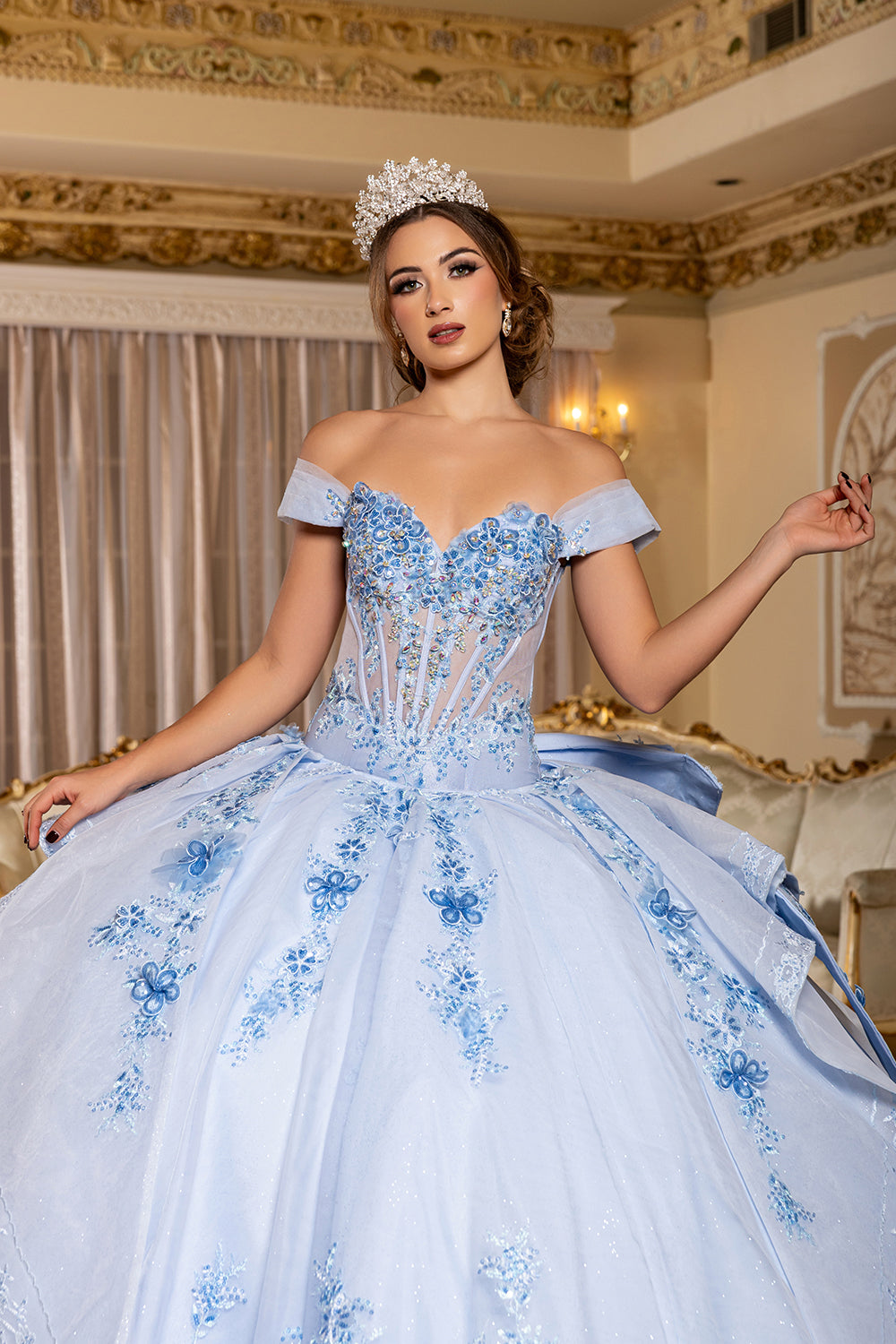 Off-Shoulder Floral Illusion Corset Convertible Ball Gown & Mini Sheath Dress by Layla K LK304