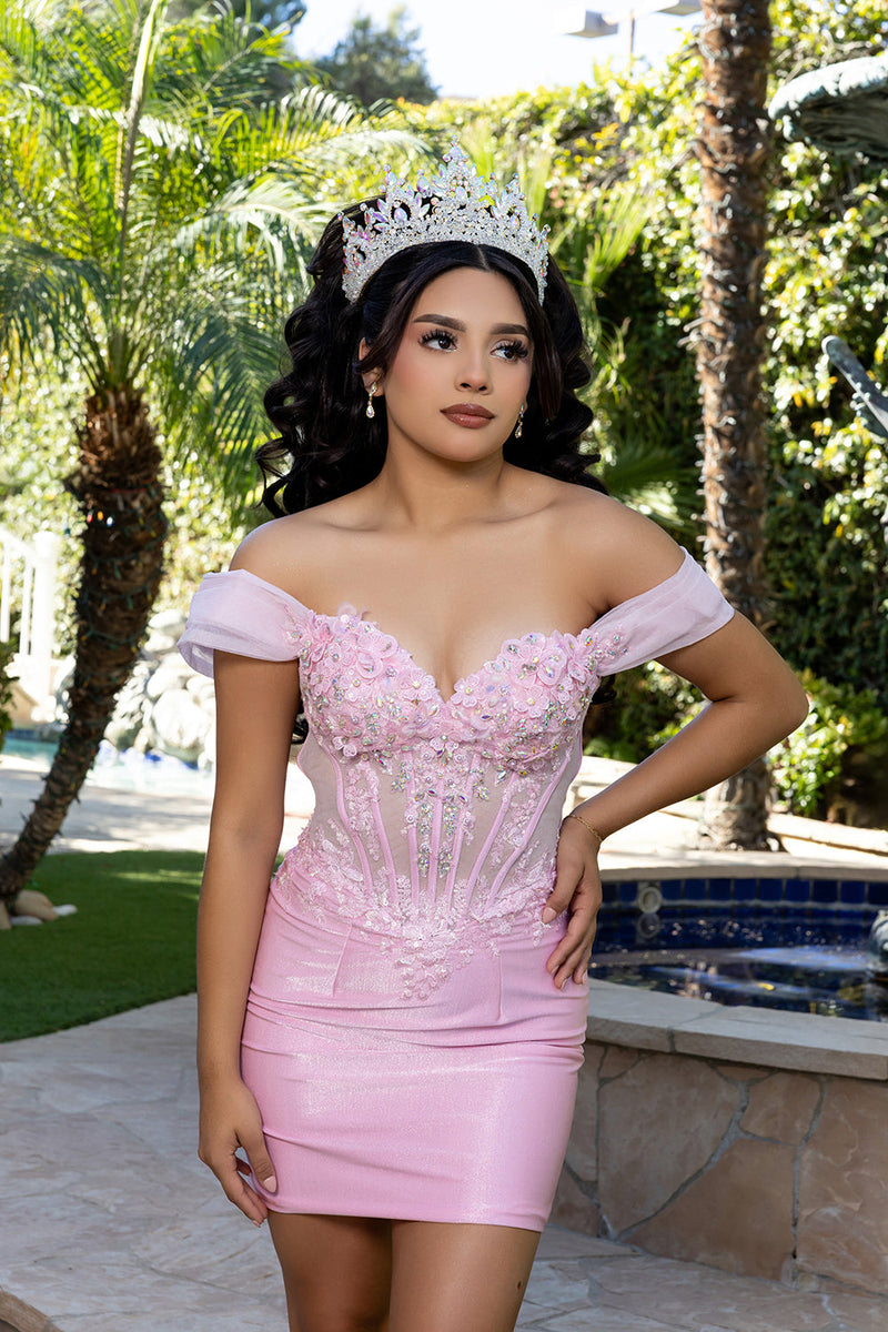 Off-Shoulder Floral Illusion Corset Convertible Ball Gown & Mini Sheath Dress by Layla K LK304