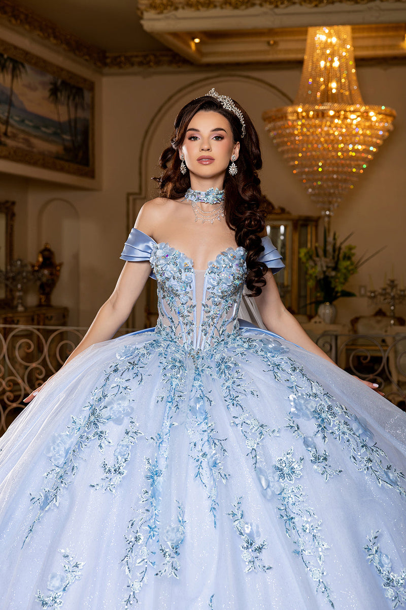 Off-Shoulder Plunging Sweetheart 3D Floral Illusion Corset Quinceañera Dress by Layla K LK305