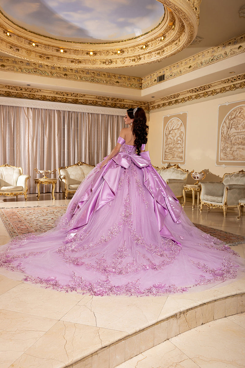Off-Shoulder Plunging Sweetheart 3D Floral Illusion Corset Quinceañera Dress by Layla K LK305