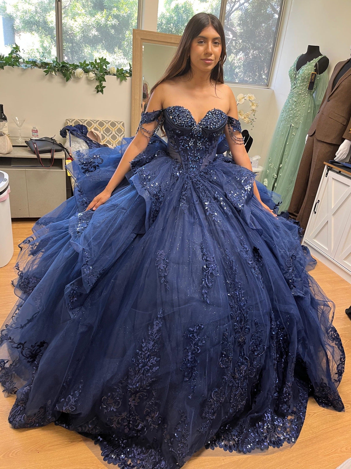 Off-Shoulder Sweetheart Beaded Corset Glitter Tulle Lace Appliqué Ball Gown by Layla K LK306