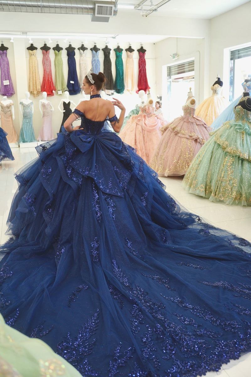 Off-Shoulder Sweetheart Beaded Corset Glitter Tulle Lace Appliqué Ball Gown by Layla K LK306