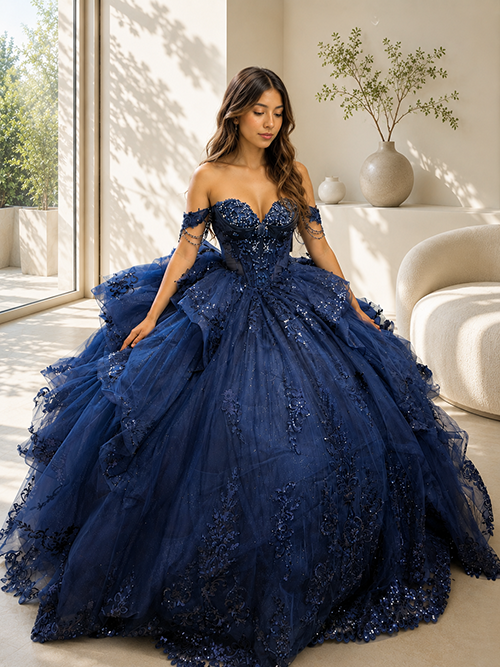 Off-Shoulder Sweetheart Beaded Corset Glitter Tulle Lace Appliqué Ball Gown by Layla K LK306
