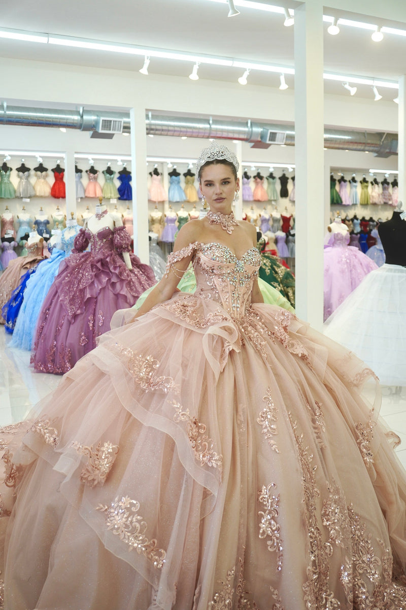 Off-Shoulder Sweetheart Beaded Corset Glitter Tulle Lace Appliqué Ball Gown by Layla K LK306
