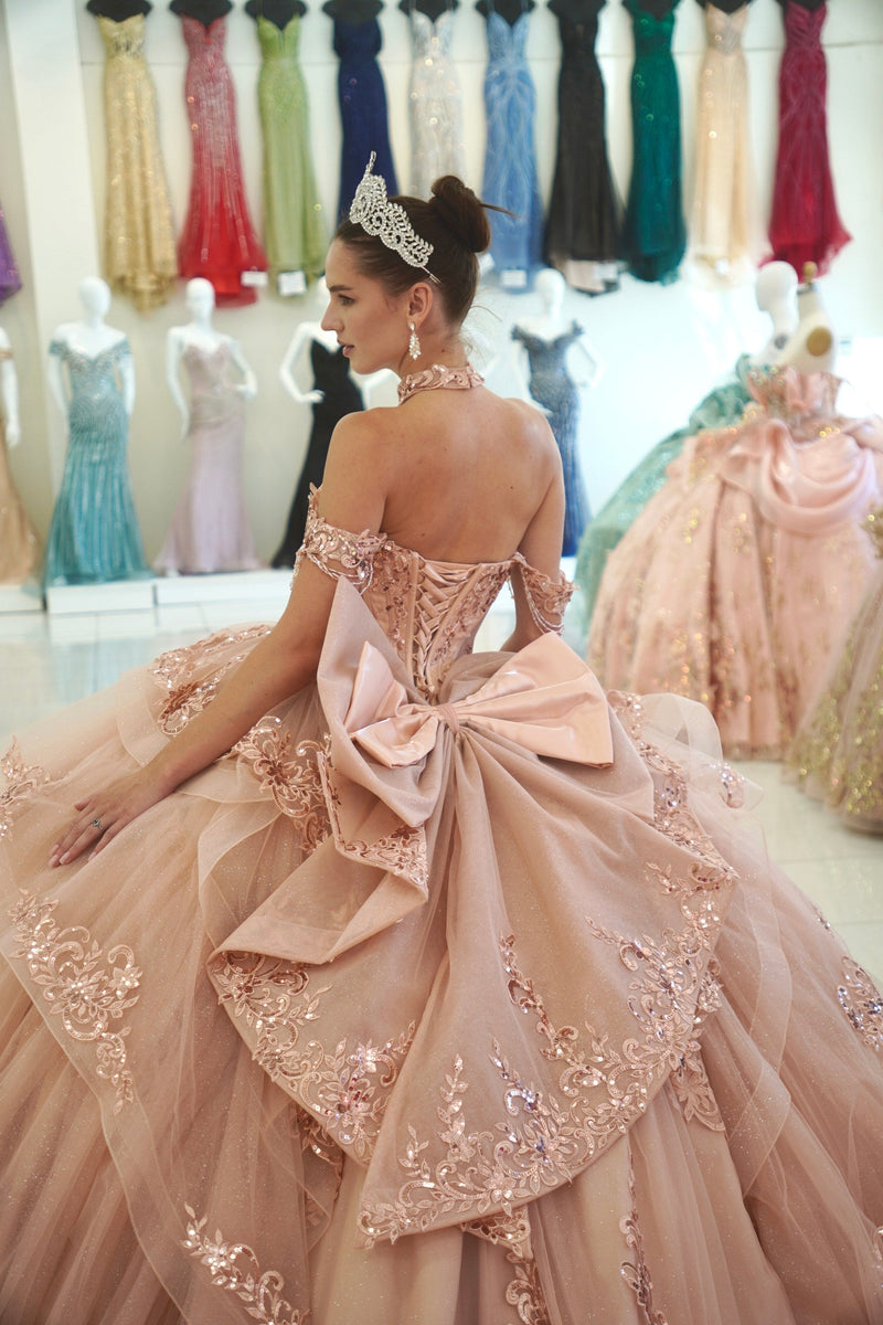 Off-Shoulder Sweetheart Beaded Corset Glitter Tulle Lace Appliqué Ball Gown by Layla K LK306