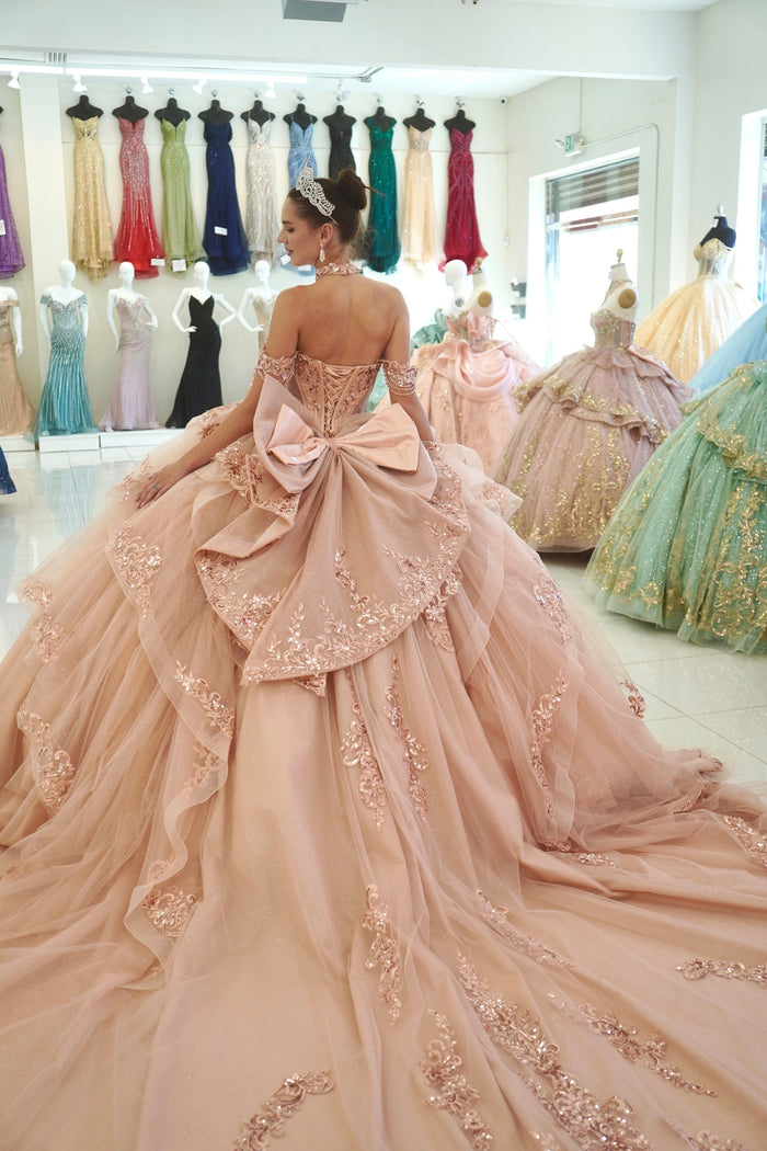 Off-Shoulder Sweetheart Beaded Corset Glitter Tulle Lace Appliqué Ball Gown by Layla K LK306
