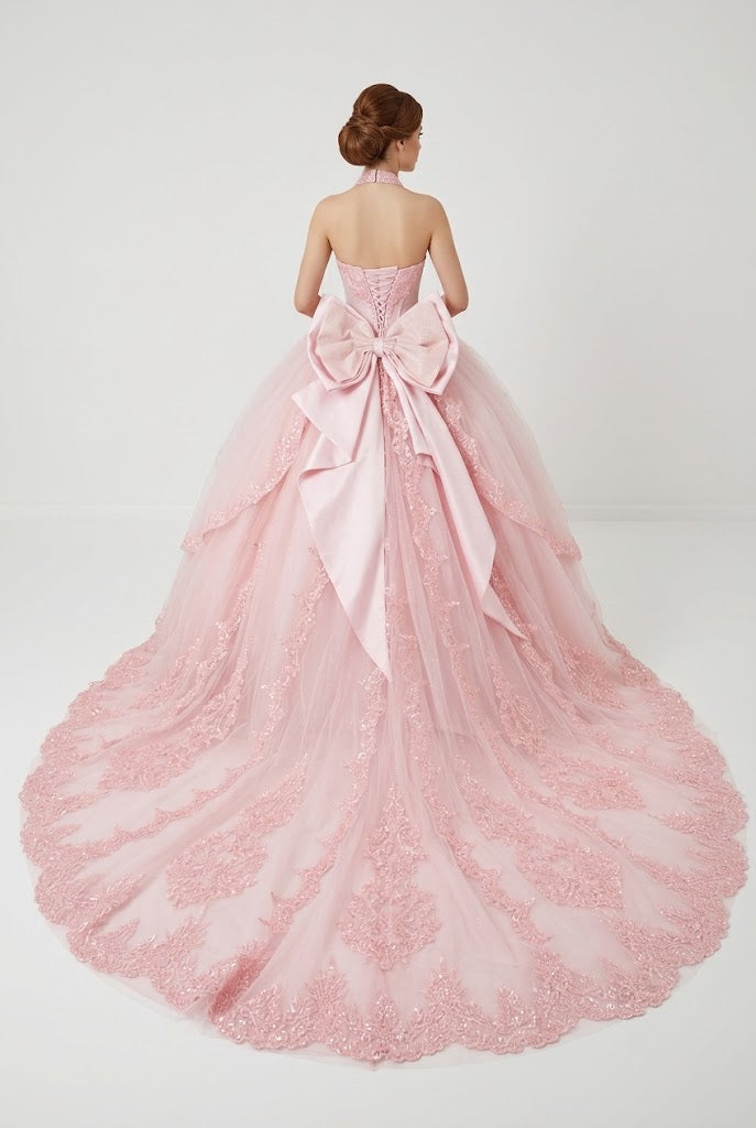 Sleeveless Ball Gown with Beaded Sweetheart Bodice, Big Bow & Corset Back by Layla K LK308