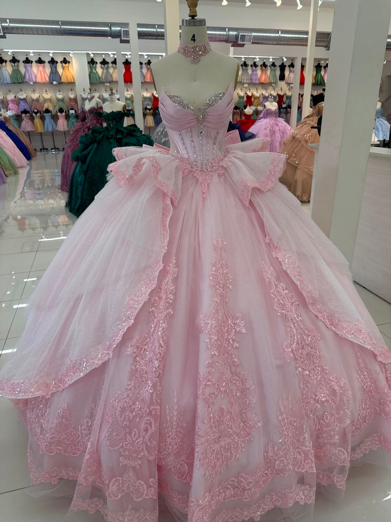 Sleeveless Ball Gown with Beaded Sweetheart Bodice, Big Bow & Corset Back by Layla K LK308