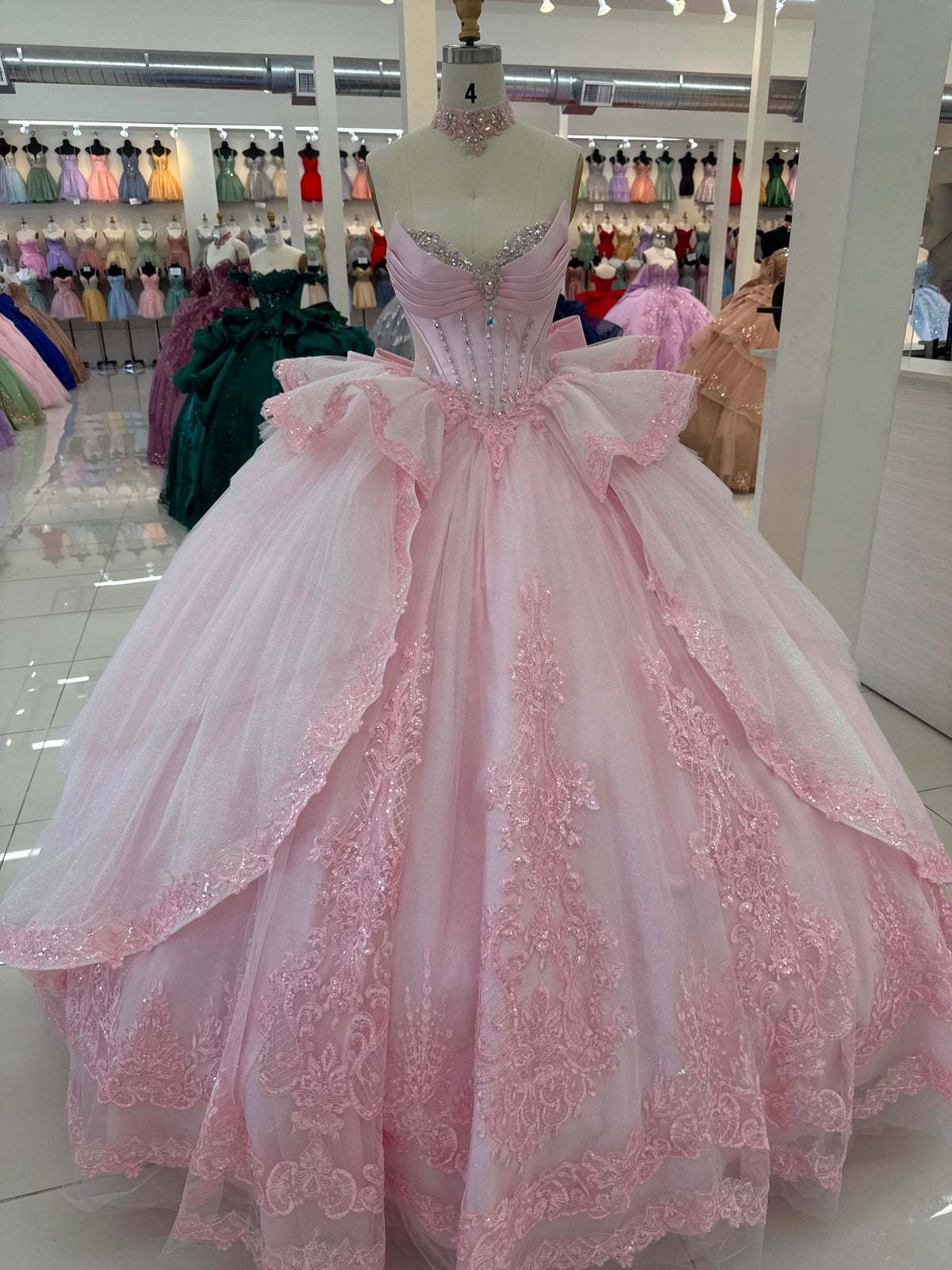 Sleeveless Ball Gown with Beaded Sweetheart Bodice, Big Bow & Corset Back by Layla K LK308