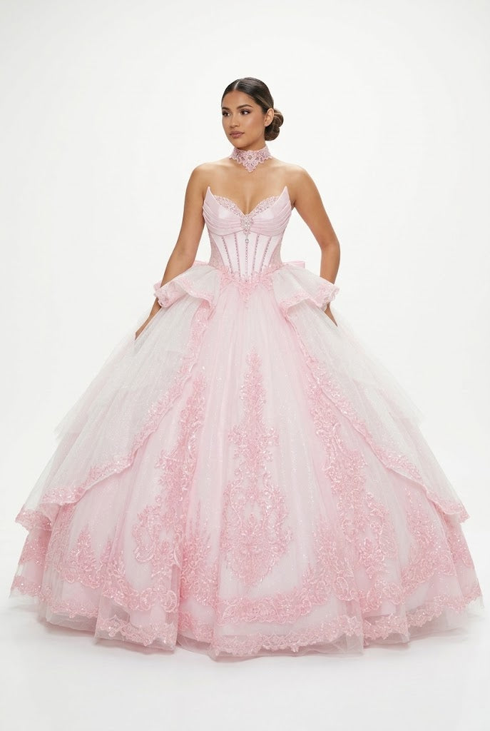 Sleeveless Ball Gown with Beaded Sweetheart Bodice, Big Bow & Corset Back by Layla K LK308