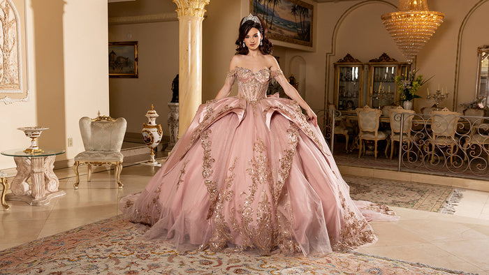 Off-Shoulder Crystal Fringe Corset Ball Gown Quinceañera Dress by Layla K LK309