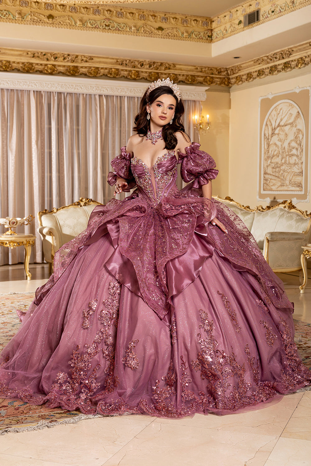 Off-Shoulder Ruffle Puff Sleeve Illusion Corset Ball Gown Quinceañera Dress by Layla K LK310
