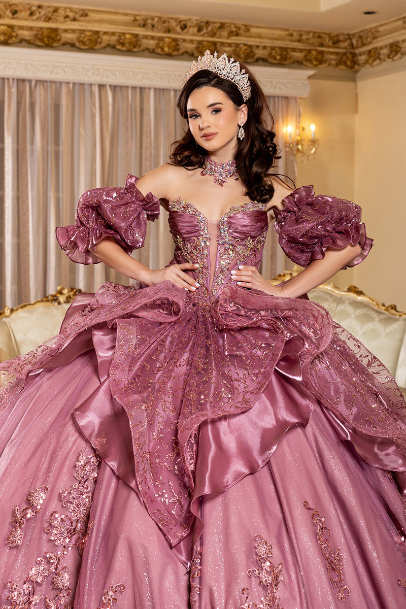 Off-Shoulder Ruffle Puff Sleeve Illusion Corset Ball Gown Quinceañera Dress by Layla K LK310