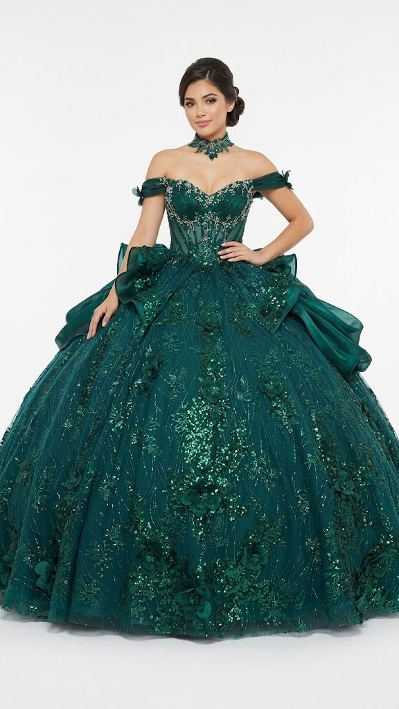 Off-Shoulder Sweetheart Beaded Corset Glitter Ball Gown Quinceañera Dress by Layla K LK313