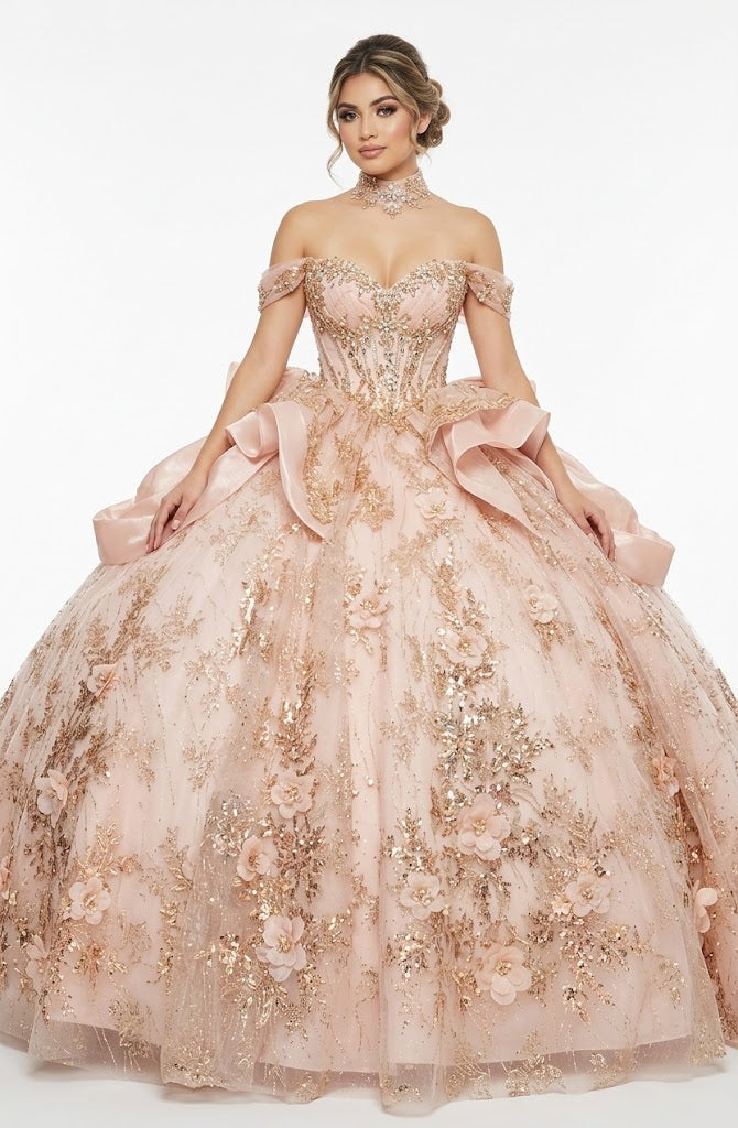 Off-Shoulder Sweetheart Beaded Corset Glitter Ball Gown Quinceañera Dress by Layla K LK313