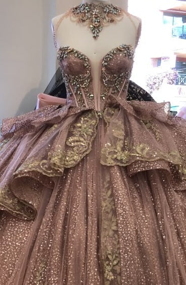 Sleeveless Sweetheart Beaded Corset Tiered Lace Ball Gown Quinceañera Dress by Layla K LK316