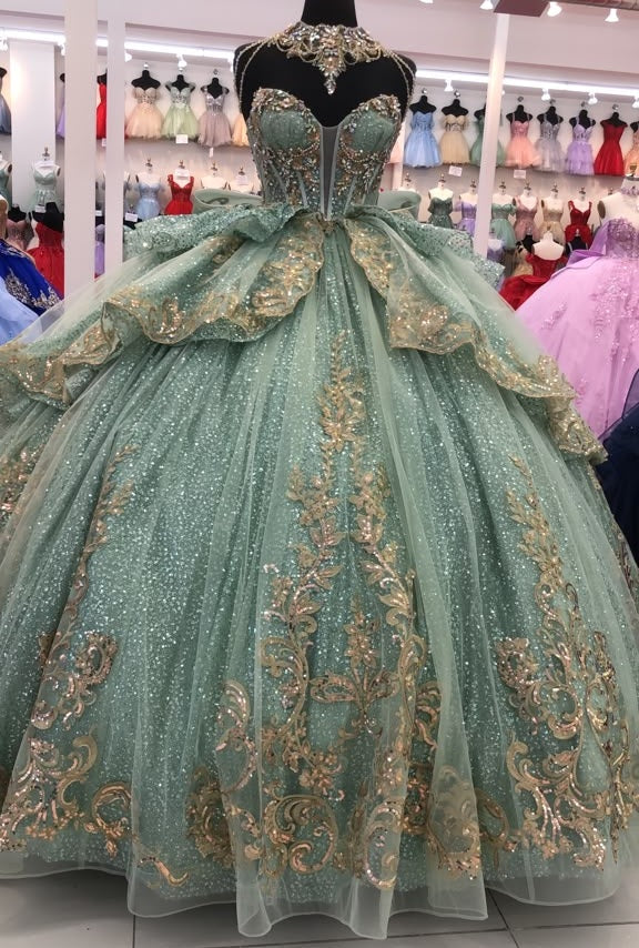 Sleeveless Sweetheart Beaded Corset Tiered Lace Ball Gown Quinceañera Dress by Layla K LK316