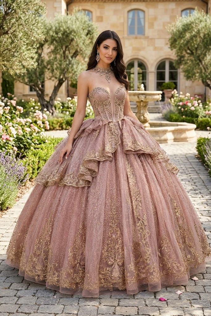 Sleeveless Sweetheart Beaded Corset Tiered Lace Ball Gown Quinceañera Dress by Layla K LK316