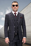 Men's Designer Wool Vested Modern Fit Plaid Windowpane Suit in Charcoal Grey
