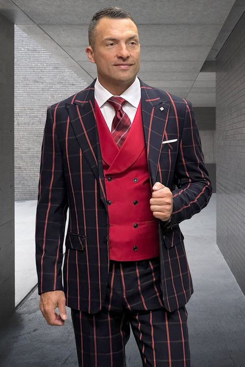 Men's black wool suit with red windowpane plaid. Designer, one-button, peak lapel. Includes fitted jacket, vest, and tailored pants. A stylish and bold look.
