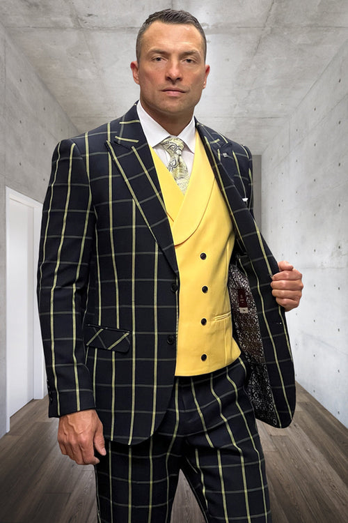 Black wool suit with yellow windowpane plaid. One-button peak lapel jacket, double-breasted yellow vest, and matching trousers. Structured fit with chest pocket & lapel details.
