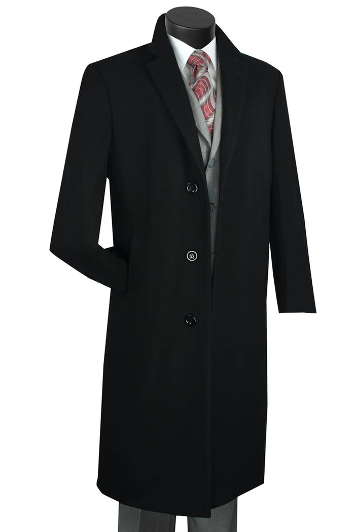 Alberto Nardoni men's black overcoat. Long, straight silhouette with notched collar and single-breasted design. Wool and cashmere blend. Features five buttons and two side pockets. Tapering sleeves.
