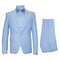 Light blue seersucker suit with peak lapels & vertical stripes. Features fitted jacket & tailored trousers, sold separately. Classic & breathable.
