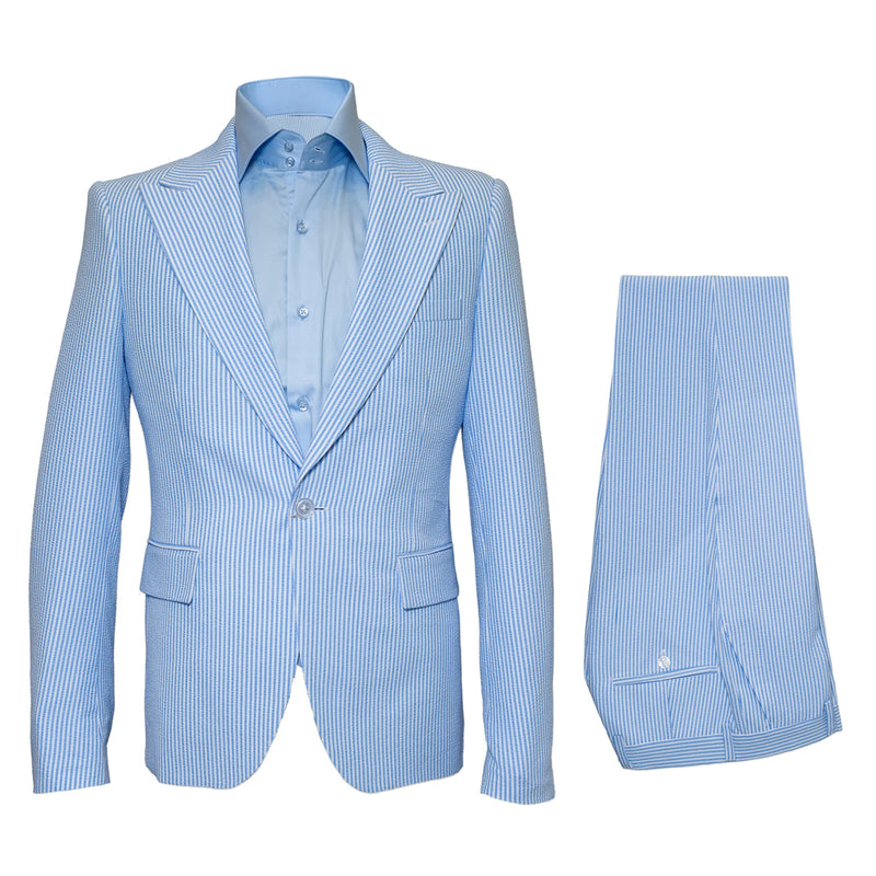 Light blue seersucker suit with peak lapels & vertical stripes. Features fitted jacket & tailored trousers, sold separately. Classic & breathable.
