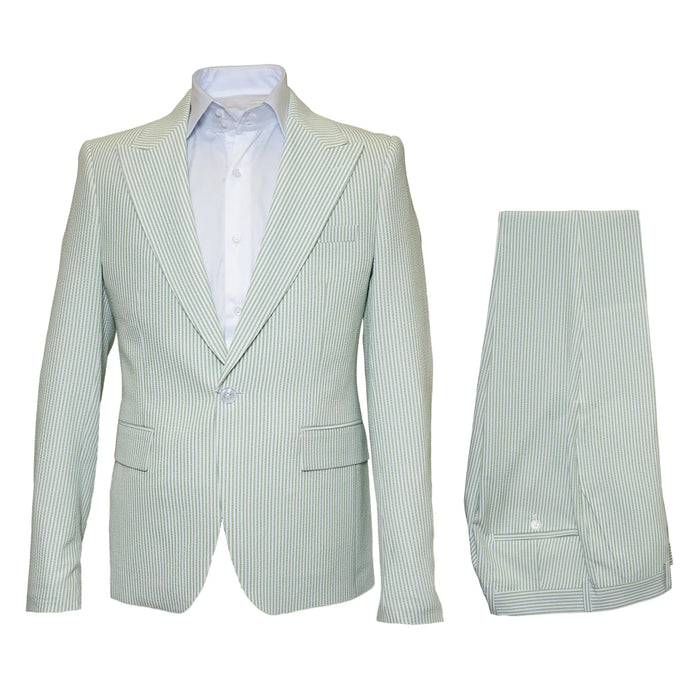 Light green seersucker suit with peak lapels, fitted jacket (single button, 2 pockets), and structured trousers. Textured striped pattern in light and dark green.