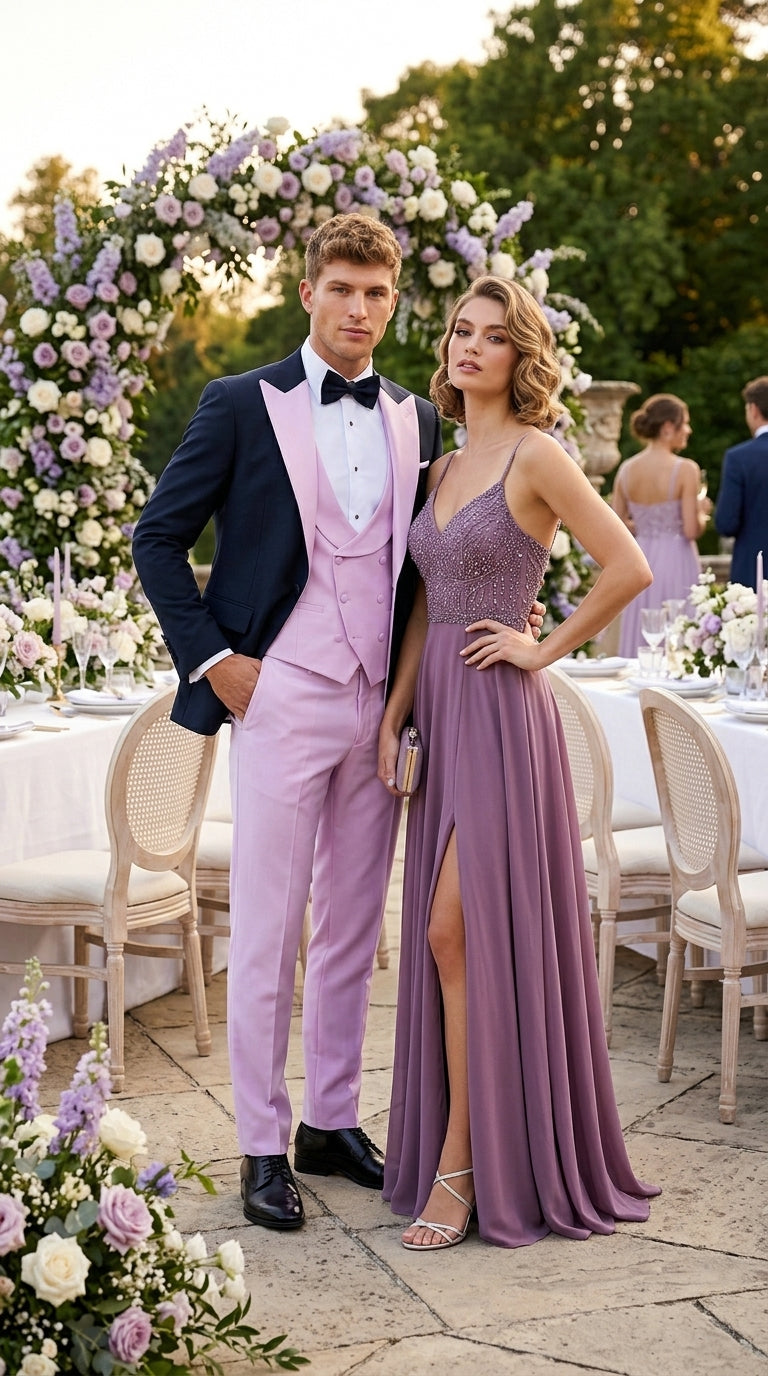 Men’s Black and Pink 100% Wool Vested Tuxedo, Peak Lapel Wedding Prom Formal Suit Set