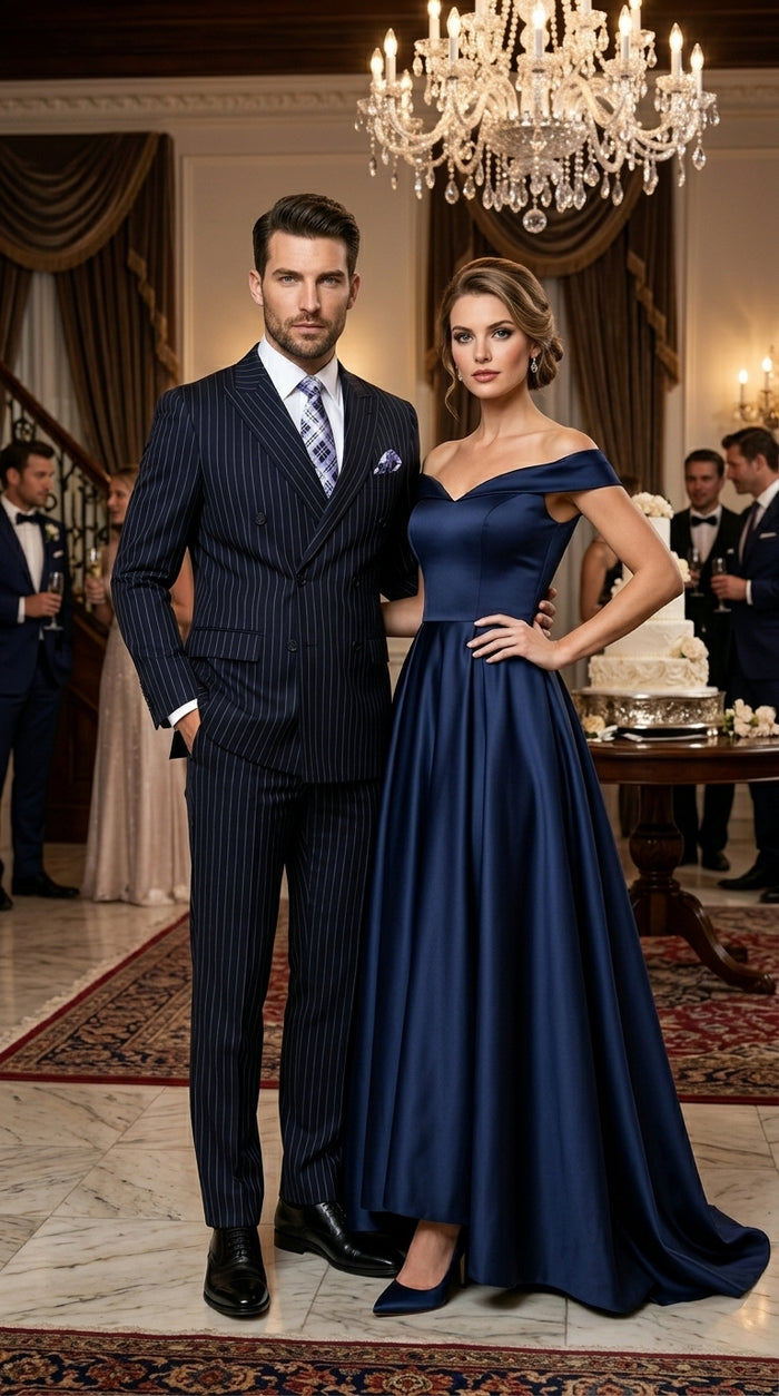 Men’s Navy Pinstripe Double Breasted Suit, Statement Formal Wedding Business Dress Suit