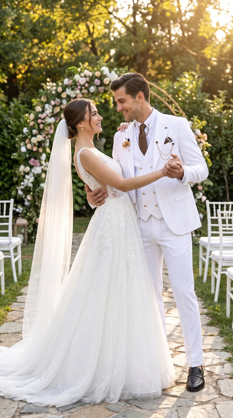 Men’s White and Gold Prom Tuxedo Suit with Double Breasted Vest, Formal Wedding Suit