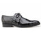 Black alligator leather Belvedere Lago dress shoe. Elongated shape, pointed toe, glossy finish. Lace-up closure with thin laces. Contrasting flat sole. Crocodile-like texture.

