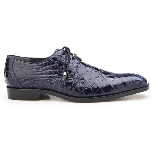 Men's Belvedere Lago dress shoe in navy American alligator leather. Sleek, tapered shape with textured scales and glossy finish. Lace-up closure, silver hardware, black outsole.

