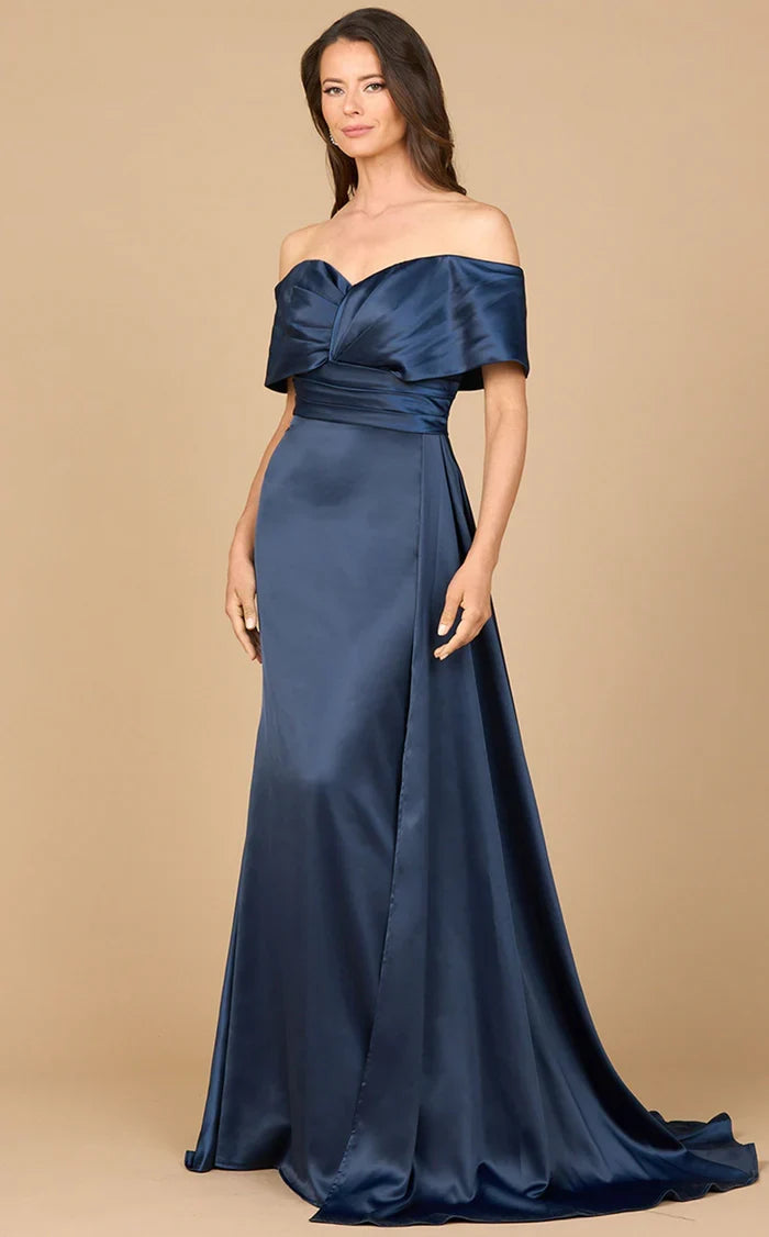 Lara 28945 Off Shoulder Satin Formal Dress Long Side Cape Mother of the Bride Dress