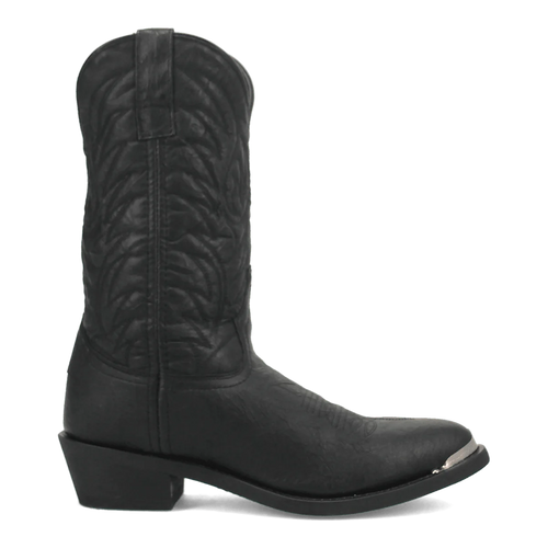 Black Laredo East Bound boots: Tall, textured black pigskin leather with embossed shaft pattern. Pointed toe, slightly raised heel, and smooth sole. Uniform color highlights natural grain.

