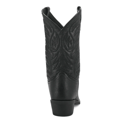 Black Laredo East Bound boots: black pigskin leather, high shaft with V-opening. Embossed design, textured leather, low stacked heel for support.
