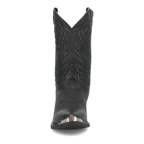 Black pigskin Laredo East Bound boots. Pointed toe, tall shaft with V-top, decorative stitching. Shiny metallic toe cap. Stylish and durable footwear.
